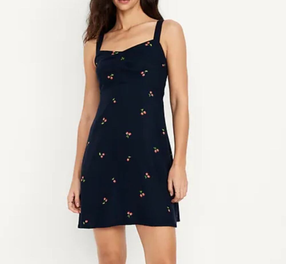 Old Navy Fit & Flare Crepe Mini Dress Navy Cherry Print Sleeveless Coquette SZ M